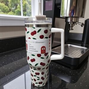Cherry Print Tumbler with Straw